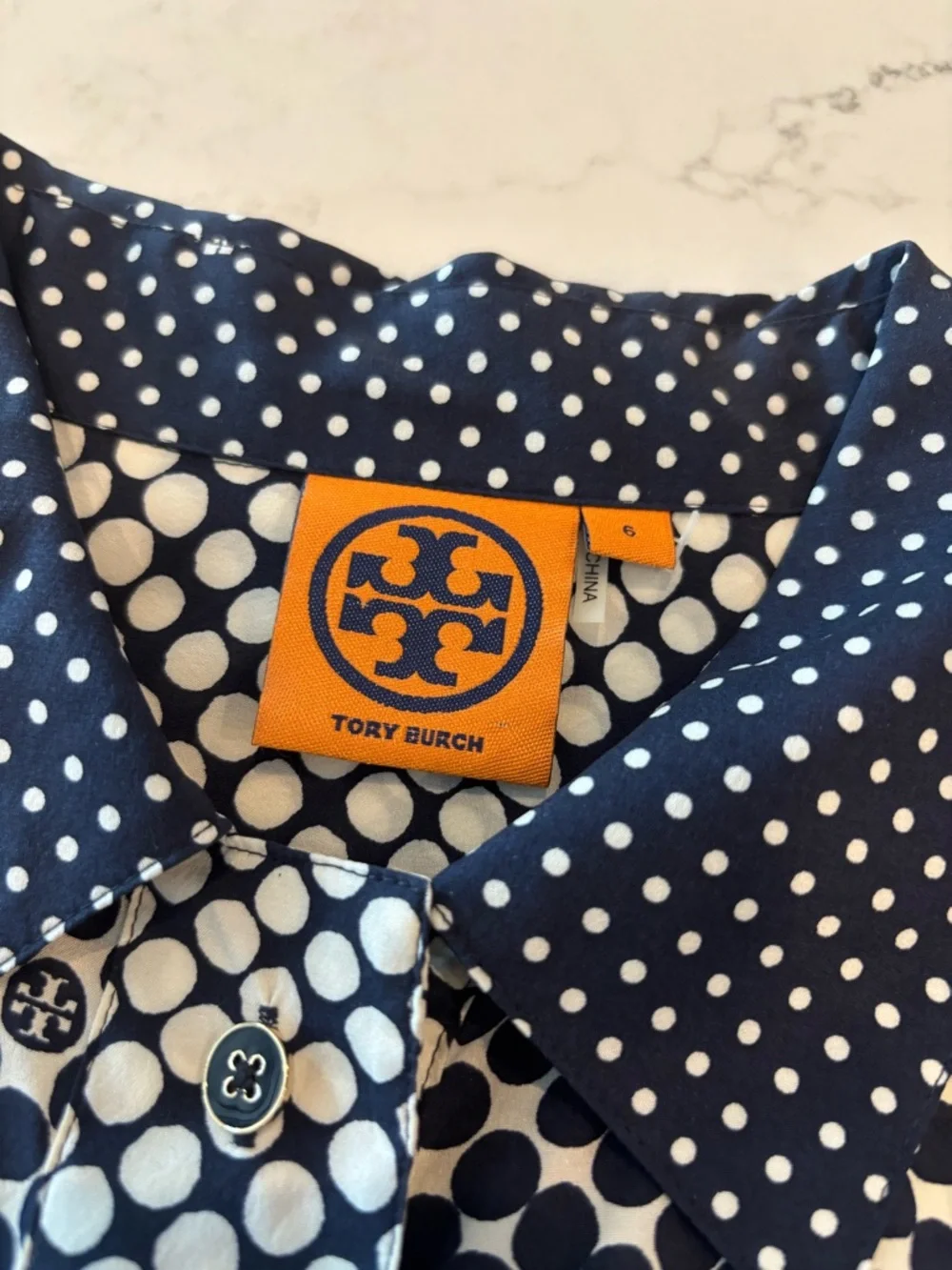 Tory Burch Navy and White Polka Dot Button-Up Blouse